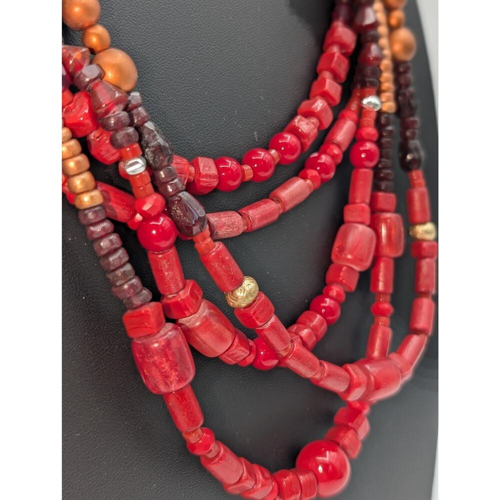 Chico's Five Strand Red Gold Silver Bronze Purple Stone Bead 22"-26" Necklace - Picture 2 of 11